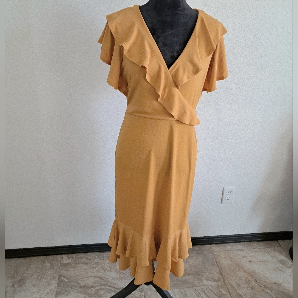NY Collection Petite Md Midi Dress Flutter Sleeve Ruffles Mustard Yellow New